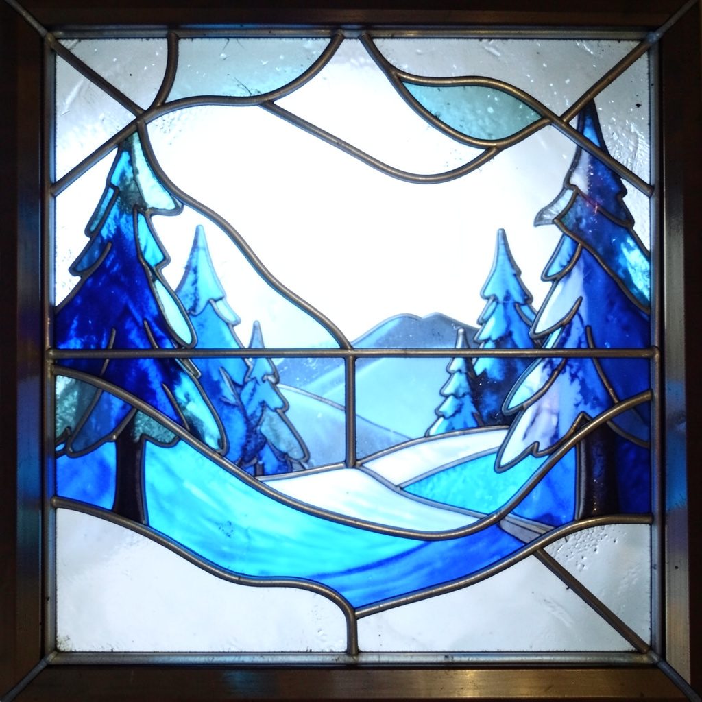 A stained-glass style wintry scene in cool blue, white, and silver leaded segments with a calm snowy mood