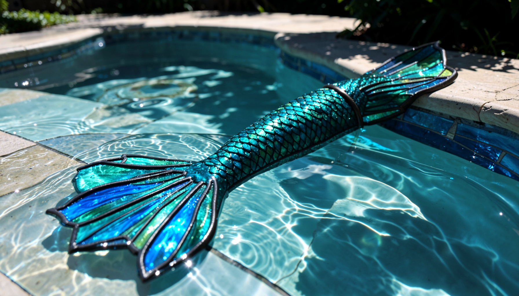 A shimmering mermaid tail in deep teal and aquamarine tones, draped across a sunlit poolside with soft ripples of water catching the light.