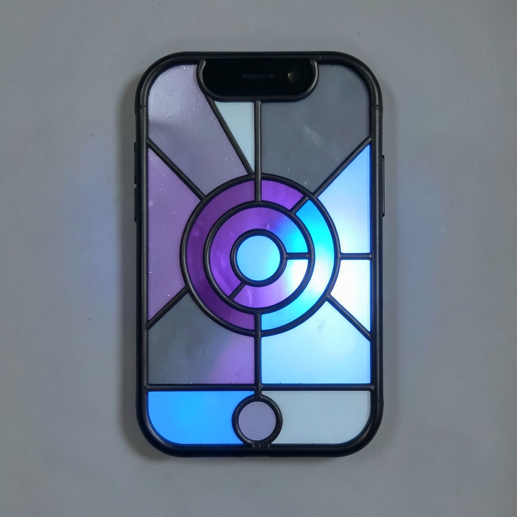 A stained-glass style smartphone and signal-bar motif in violet, slate grey, and pale blue leaded segments with a modern calm mood