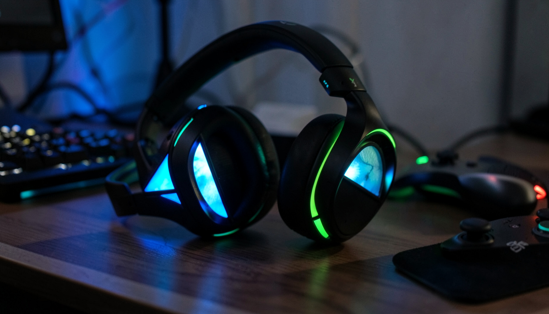A pair of over-ear gaming headphones with a sleek black and green design, resting on a desk beside a controller, with subtle ambient glow.