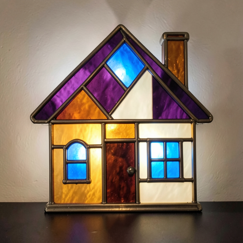 A bold stained-glass style illustration of a cozy family house shape in warm amber, deep violet, and soft cream leaded segments, evoking a friendly handmade mood