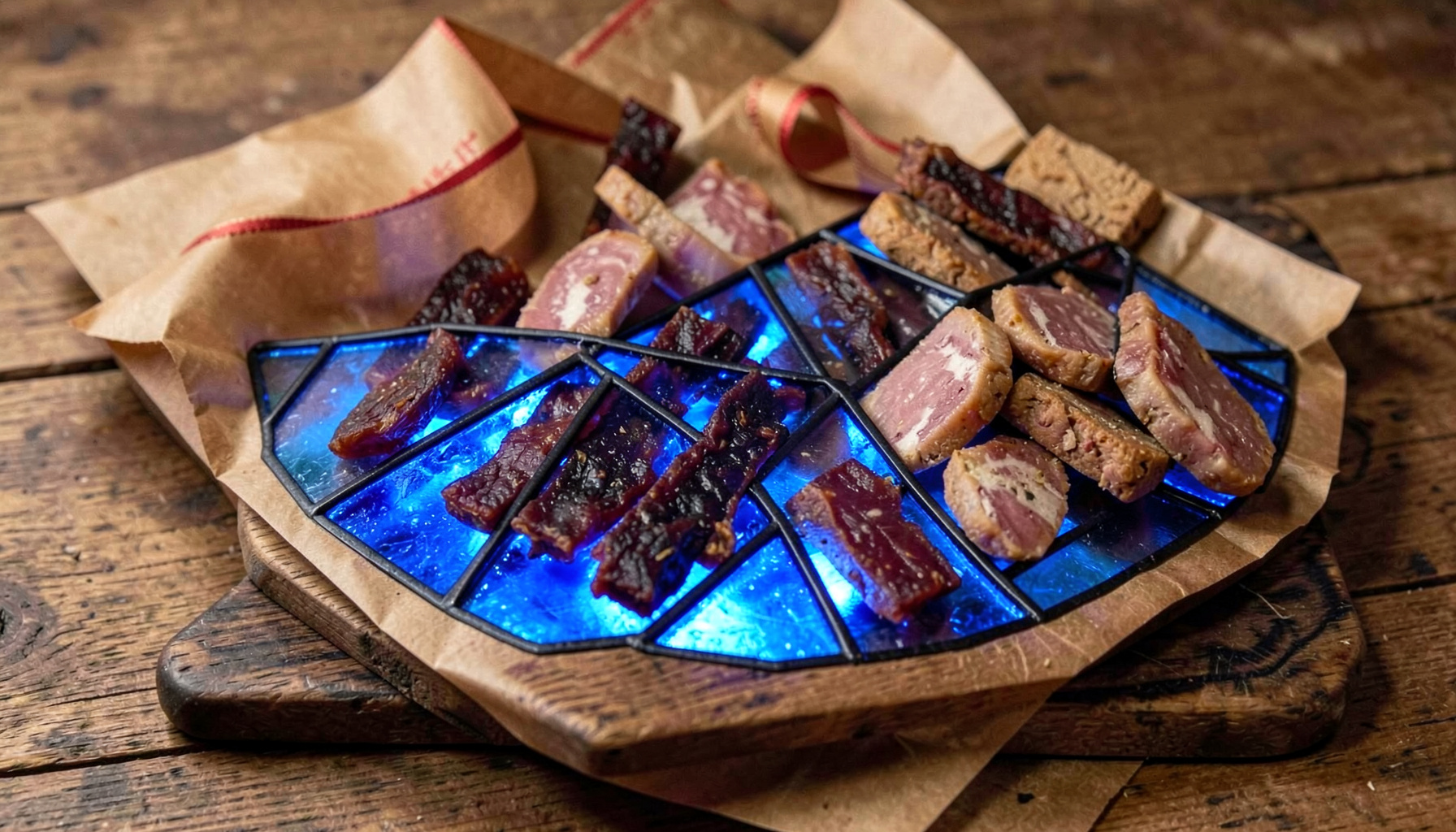 A rustic wooden board holding an assortment of natural meat snacks and jerky sticks in warm brown kraft packaging, with a subtle holiday ribbon accent.
