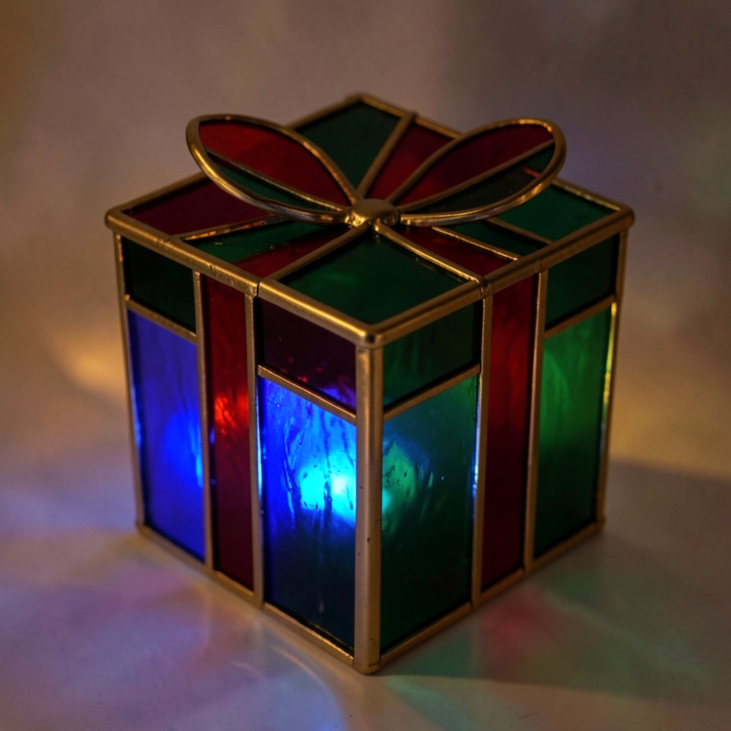 A stained-glass style gift box motif in deep red, forest green, and gold leaded segments with a warm festive mood