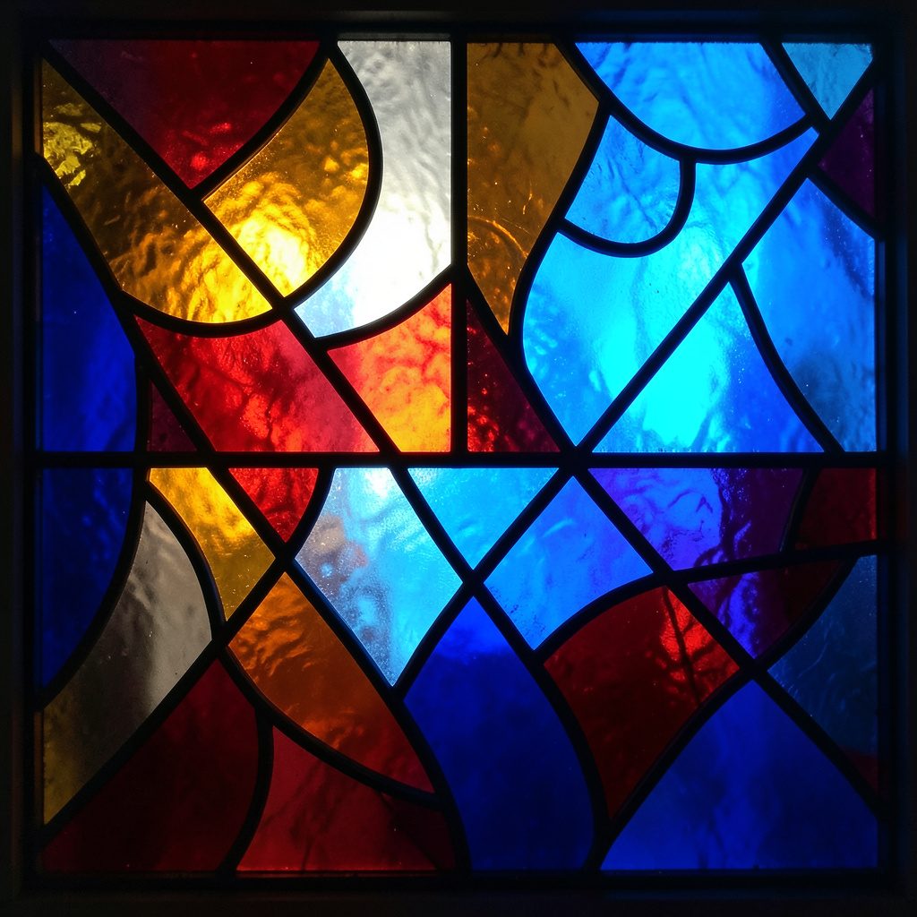 A stained-glass composition with bold leaded segments in warm amber, ruby, and sapphire tones, forming an abstract festive pattern that glows with a cozy, celebratory mood.